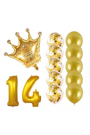 14 Yaş Kral Taçlı Gold Konfetili Şeffaf Balon Seti