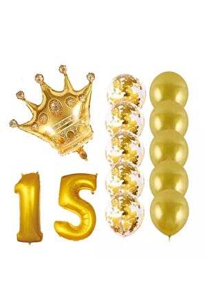15 Yaş Kral Taçlı Gold Konfetili Şeffaf Balon Seti