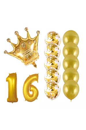 16 Yaş Kral Taçlı Gold Konfetili Şeffaf Balon Seti