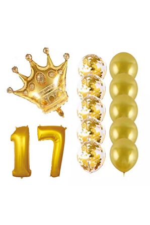 17 Yaş Kral Taçlı Gold Konfetili Şeffaf Balon Seti