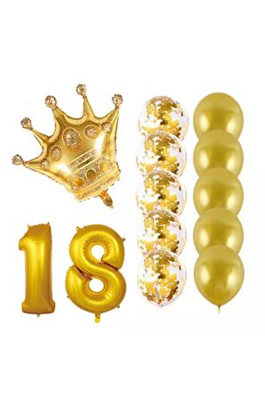 18 Yaş Kral Taçlı Gold Konfetili Şeffaf Balon Seti