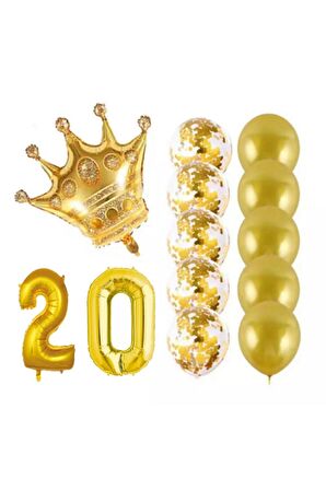 20 Yaş Kral Taçlı Gold Konfetili Şeffaf Balon Seti