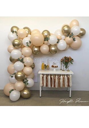 Beyaz-Ten-Gold Renk Balon Zinciri 50 Adet+5 mt balon zinciri