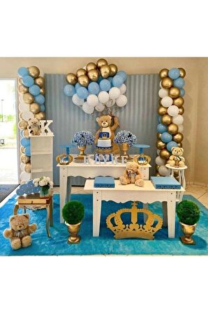 Krom Gold - Pastel Beyaz - Pastel Mavi Balon Seti + 5 Mt Balon Zinciri 50 adet