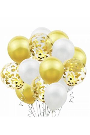 Metalik Gold Pastel Beyaz Gold Konfetili Şeffaf Balon Seti 15 Adet