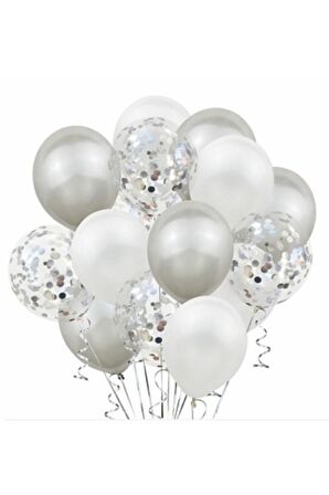 Metalik Gümüş Pastel Beyaz Gümüş Konfetili Şeffaf Balon Seti 15 Adet