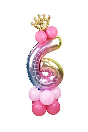 6 Yaş Gökkuşağı Renkleri Rakam Balon Altın Taçlı 6 Rakamlı Balon