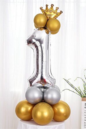 Gümüş Renk 1 Yaş Krom Gold-Gümüş Renkler Altın Taçlı Balon Seti
