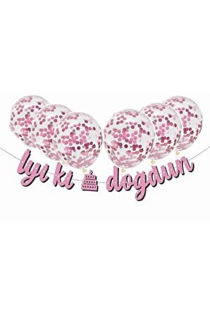 Pembe Konfetili Şeffaf Balon Pembe Iyi Ki Doğdun Kaligrafi Banner Yazı