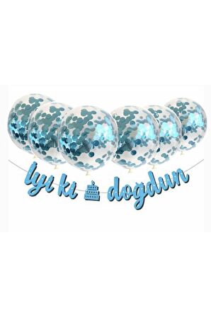 Mavi Konfetili Şeffaf Balon Pembe Iyi Ki Doğdun Kaligrafi Banner Yazı