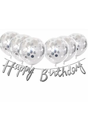 Gümüş Konfetili Şeffaf Balon Gümüş Happy Bırthday Kaligrafi Banner Yazı