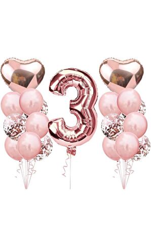 3 Yaş Rose Gold Doğum Günü Balon Seti