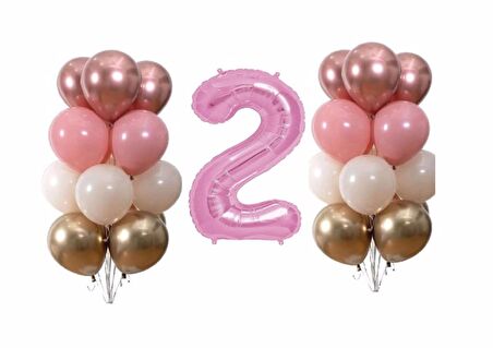 Pastel Krom 2 Yaş Pembe Doğum Günü Balon Seti