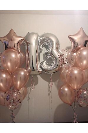 13 Yaş Rakam Gümüş Balon Ve Yıldız Konfetili Balon Seti