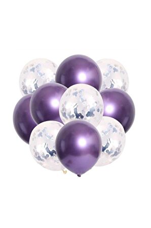 Gümüş Konfetili Krom Mor Balon Seti