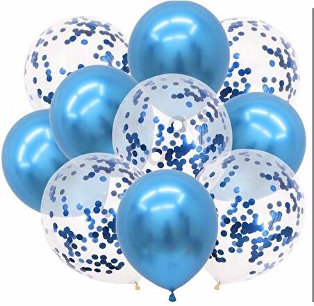 Metalik Mavi ve Mavi Konfetili Şeffaf Balon Seti