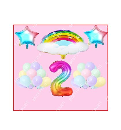 Bulutlu Gökkuşağı Yıldız Temalı Makaron Balon 2 Yaş Doğum Günü Parti Seti