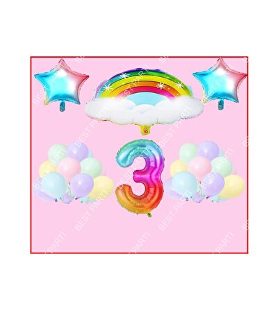 Bulutlu Gökkuşağı Yıldız Temalı Makaron Balon 3 Yaş Doğum Günü Parti Seti