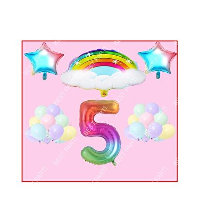 Bulutlu Gökkuşağı Yıldız Temalı Makaron Balon 5 Yaş Doğum Günü Parti Seti