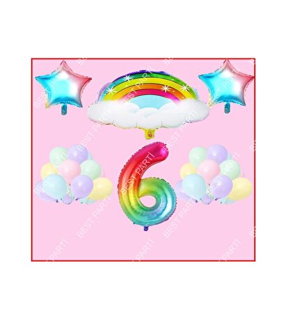 Bulutlu Gökkuşağı Yıldız Temalı Makaron Balon 6 Yaş Doğum Günü Parti Seti