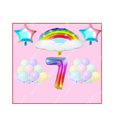 Bulutlu Gökkuşağı Yıldız Temalı Makaron Balon 7 Yaş Doğum Günü Parti Seti