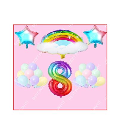 Bulutlu Gökkuşağı Yıldız Temalı Makaron Balon 8 Yaş Doğum Günü Parti Seti