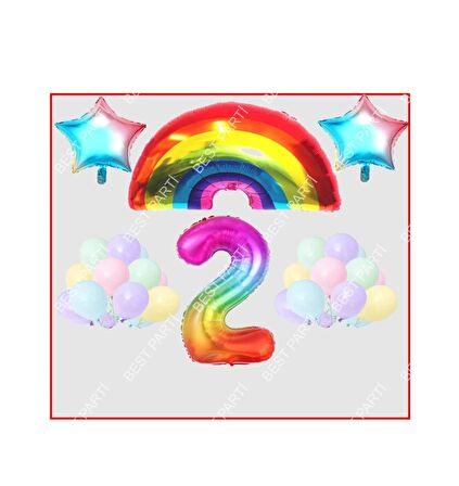 Gökkuşağı Yıldız Temalı Makaron Balon 2 Yaş Doğum Günü Parti Seti