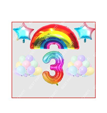 Gökkuşağı Yıldız Temalı Makaron Balon 3 Yaş Doğum Günü Parti Seti