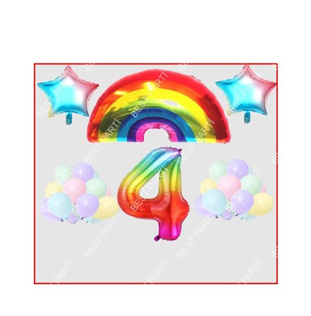 Gökkuşağı Yıldız Temalı Makaron Balon 4 Yaş Doğum Günü Parti Seti