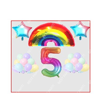 Gökkuşağı Yıldız Temalı Makaron Balon 5 Yaş Doğum Günü Parti Seti