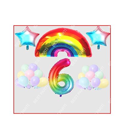 Gökkuşağı Yıldız Temalı Makaron Balon 6 Yaş Doğum Günü Parti Seti