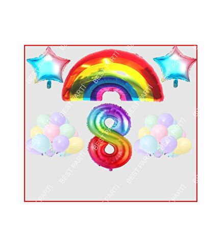 Gökkuşağı Yıldız Temalı Makaron Balon 8 Yaş Doğum Günü Parti Seti