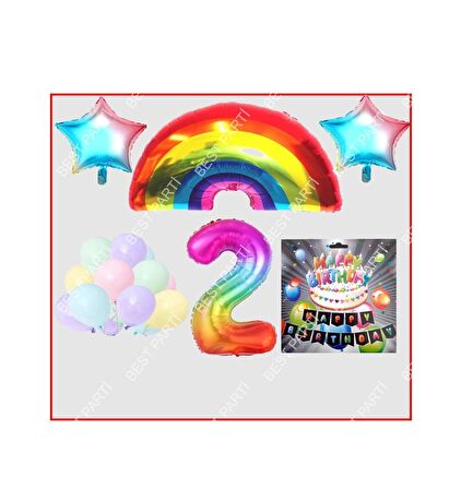 Gökkuşağı Yıldız Makaron Balon Banner Temalı 2 Yaş Doğum Günü Parti Seti