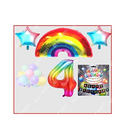 Gökkuşağı Yıldız Makaron Balon Banner Temalı 4 Yaş Doğum Günü Parti Seti