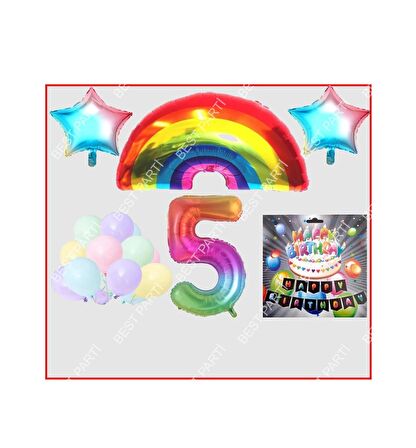 Gökkuşağı Yıldız Makaron Balon Banner Temalı 5 Yaş Doğum Günü Parti Seti