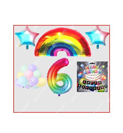 Gökkuşağı Yıldız Makaron Balon Banner Temalı 6 Yaş Doğum Günü Parti Seti