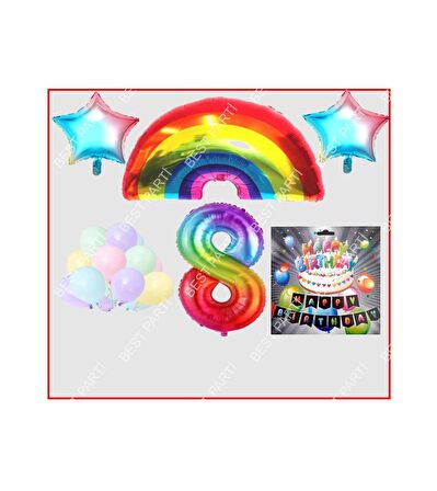 Gökkuşağı Yıldız Makaron Balon Banner Temalı 8 Yaş Doğum Günü Parti Seti