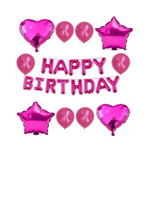 Happy Bırthday Pembe Fuşya Kalp Yıldız Folyo Balon Seti