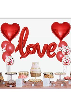 Sevgililer Günü Için Kırmızı Love Yazısı Folyo Balon Şeffaf Balonlu Parti Seti