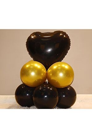 10 Adet Gold Siyah Kalp Balon Seti