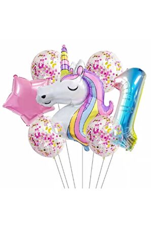 Unicorn Balon Folyo Set Konsept Doğum Günü Set Yaş 1