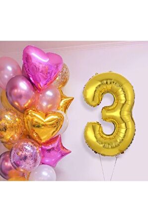 Pembe Gold Kalp Yıldız Rakam Konsept Balon Seti 3 Yaş 
