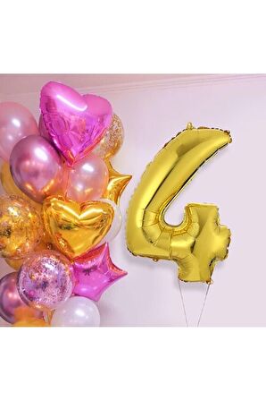 Pembe Gold Kalp Yıldız Rakam Konsept Balon Seti 4 Yaş 