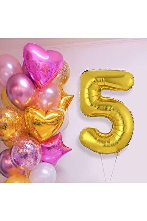 Pembe Gold Kalp Yıldız Rakam Konsept Balon Seti 5 Yaş 
