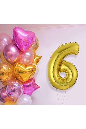 Pembe Gold Kalp Yıldız Rakam Konsept Balon Seti 6 Yaş 