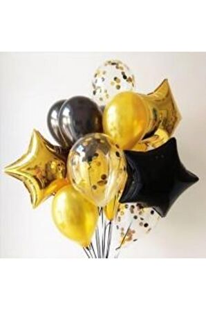 Siyah Gold Konfetili Folyo Yıldızlı Balon Seti