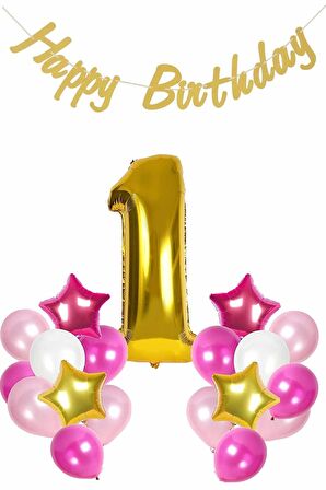Doğum Günü 1 Yaş Happy Birthday Pembe Parti Seti