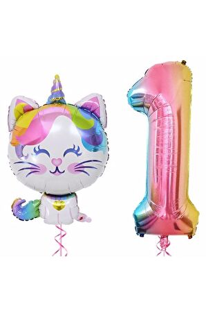 Unicorn Kedi Balon Gökkuşağı Renkli Sayı Doğum Günü Set Yaş 1