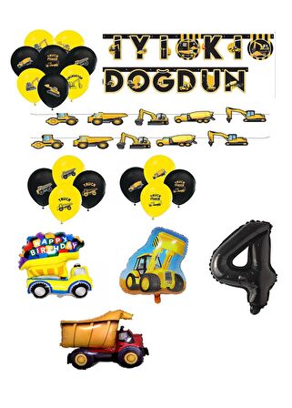 İnşaat Temalı Doğum Günü Bannerlı Kamyon Kepçe Şekilli Balon Seti Yaş 4