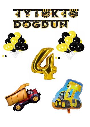 İnşaat Temalı Doğum Günü Banner Kamyon Kepçe Şekilli Balon Seti Gold Yaş 4